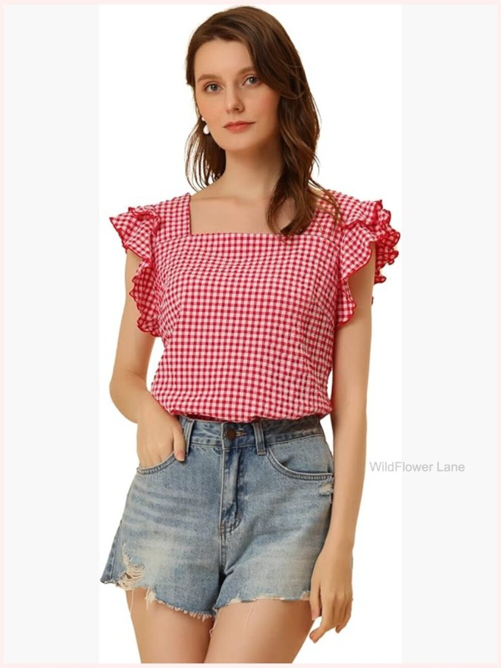 Square Neck Ruffle Cap Sleeve Gingham Blouse Top